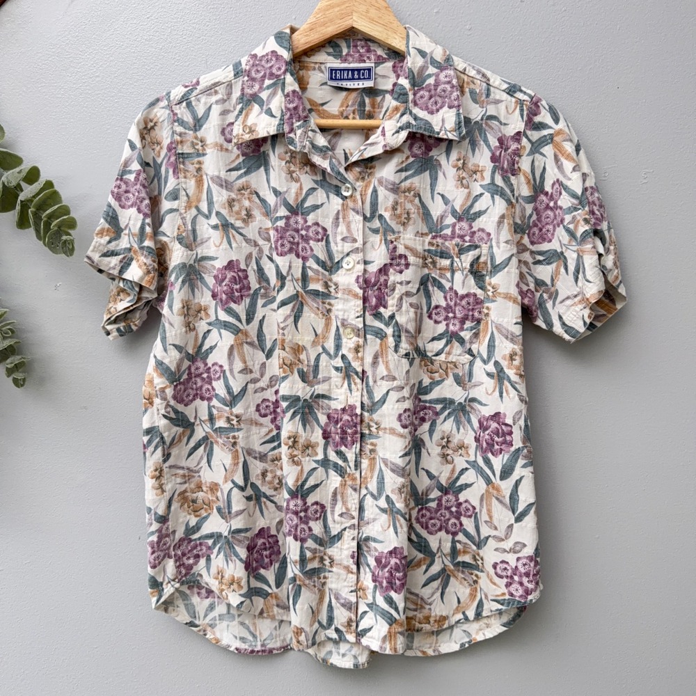 Erika & Co. Shirt Cottagecore Floral Seersucker Button Up Purple Botanical Camp